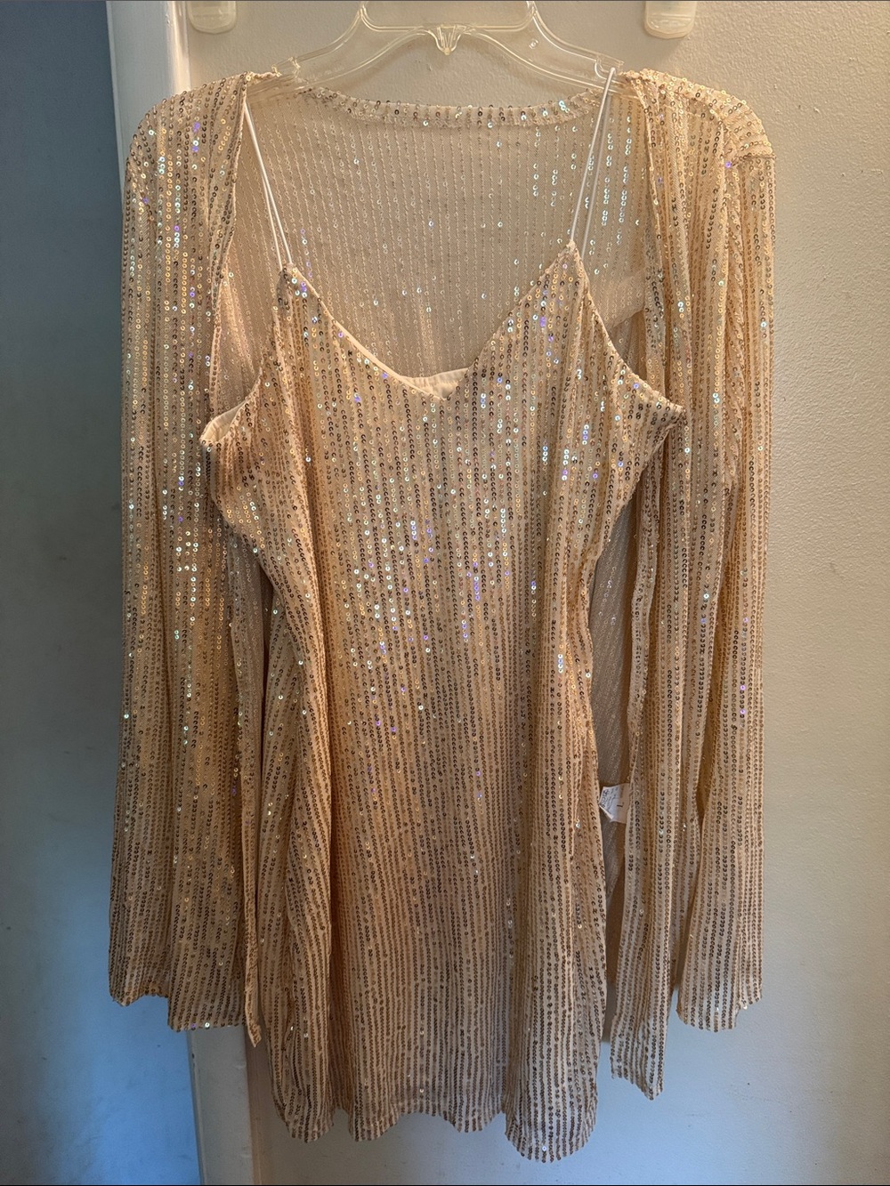 Beige Sequin Midi Dress with Sheer Overlay